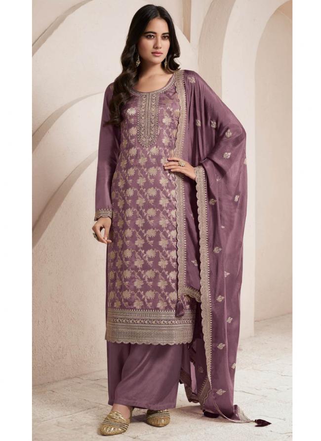 Silk Purple Ceremonial Wear Embroidery Work Plazzo Suit